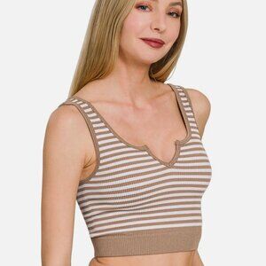 Zenana Mocha and White Striped Ribbed Seamless Crop Tank L/XL NEW
